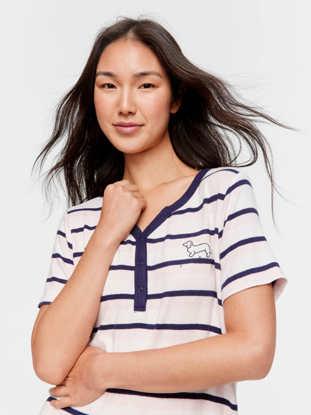 Fuzzy Stripe Henley Short Sleeve Nightie multi image 2